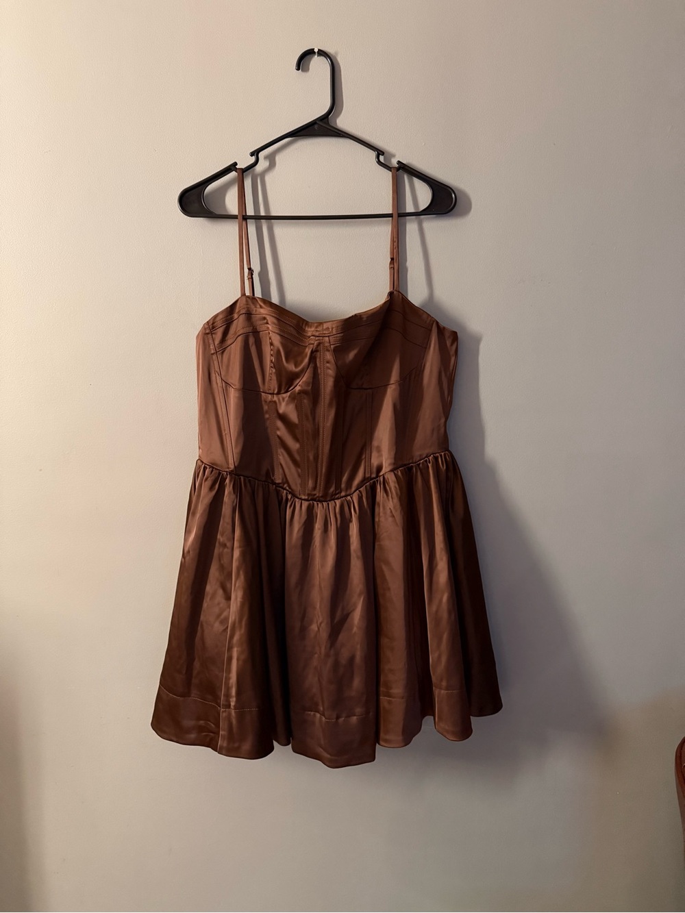 NEW,ASTR-by Anthropologie Brown Satin Fit-and-Flare Dress with Spaghetti Straps - Picture 2 of 5